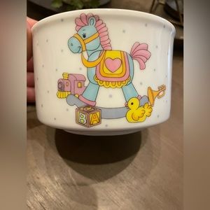 Vintage ftda rocking horse train block baby bowl toddler bedroom decor planter.